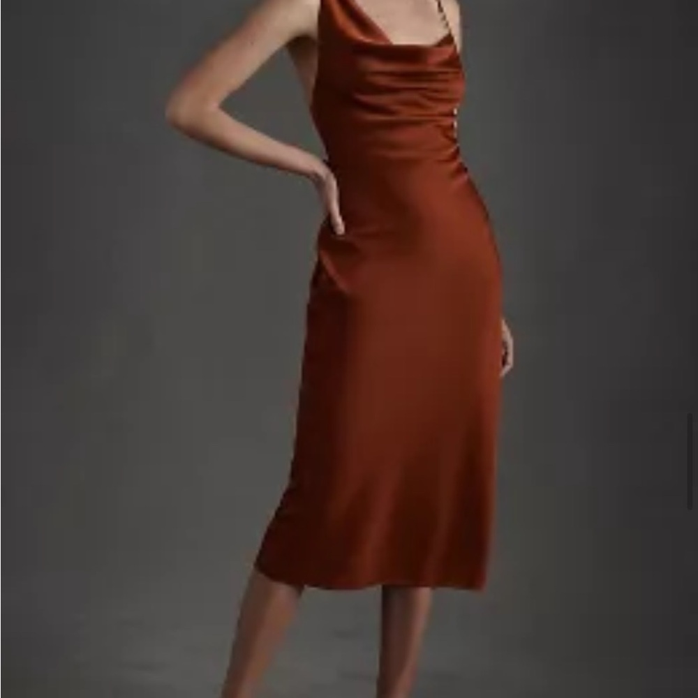 Rust anthropology asymmetric satin dress